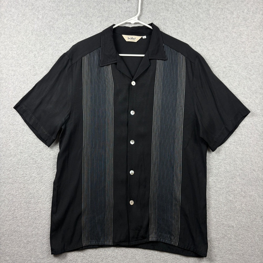 Da Vinci Bowling Shirt Mens Large Black Panel Stripe Rayon USA Made Rockabilly